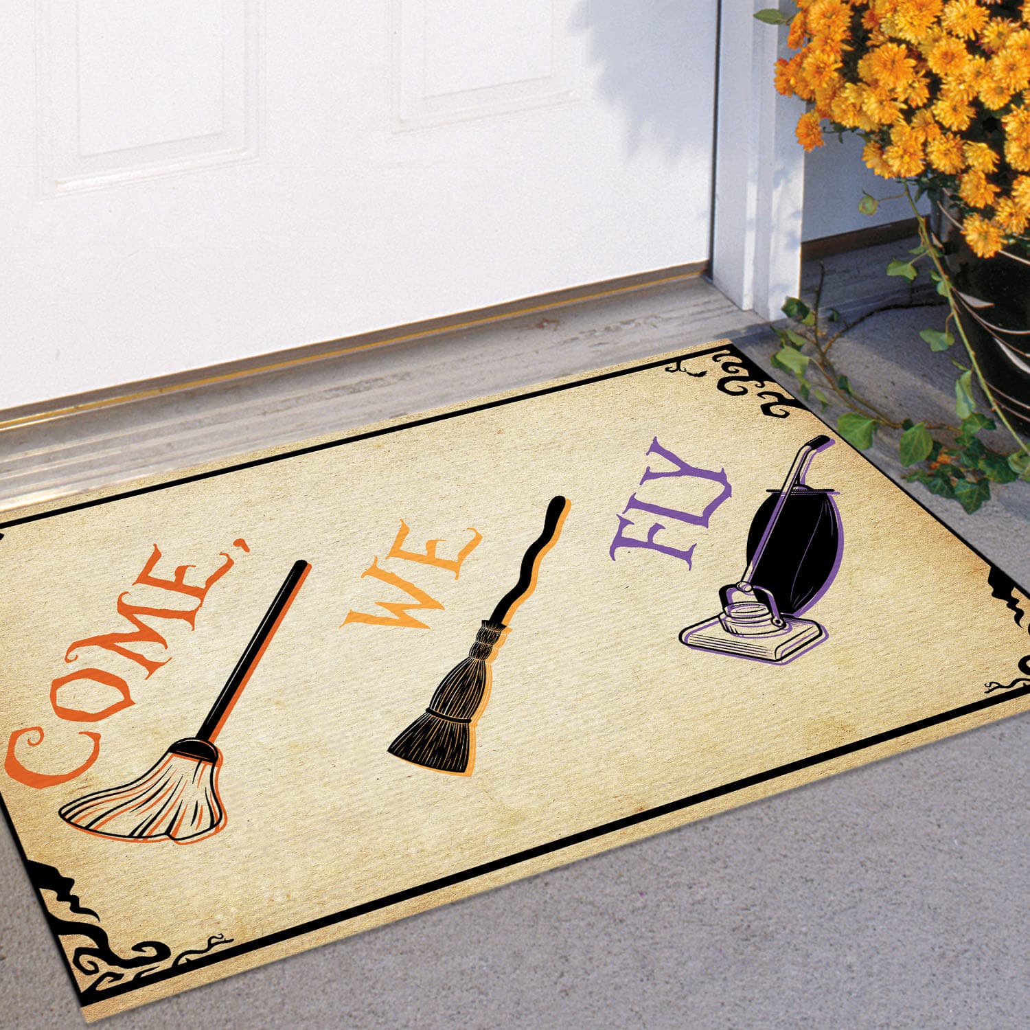 Hocus Pocus Come We Fly Halloween Witch Broom Outdoor Doormat