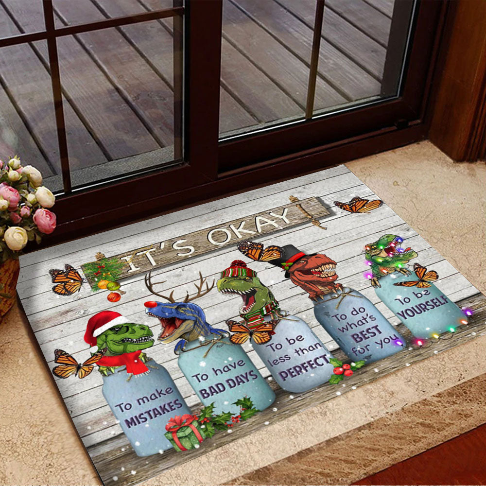 Butterfly TRex Dinosaur It'S Okay Wood Vintage Christmas Doormat